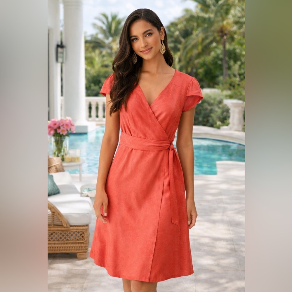 Lilly Pulitzer Coral‎ Silk Wrap Midi Dress Tie Waist Resort Coastal Size 6